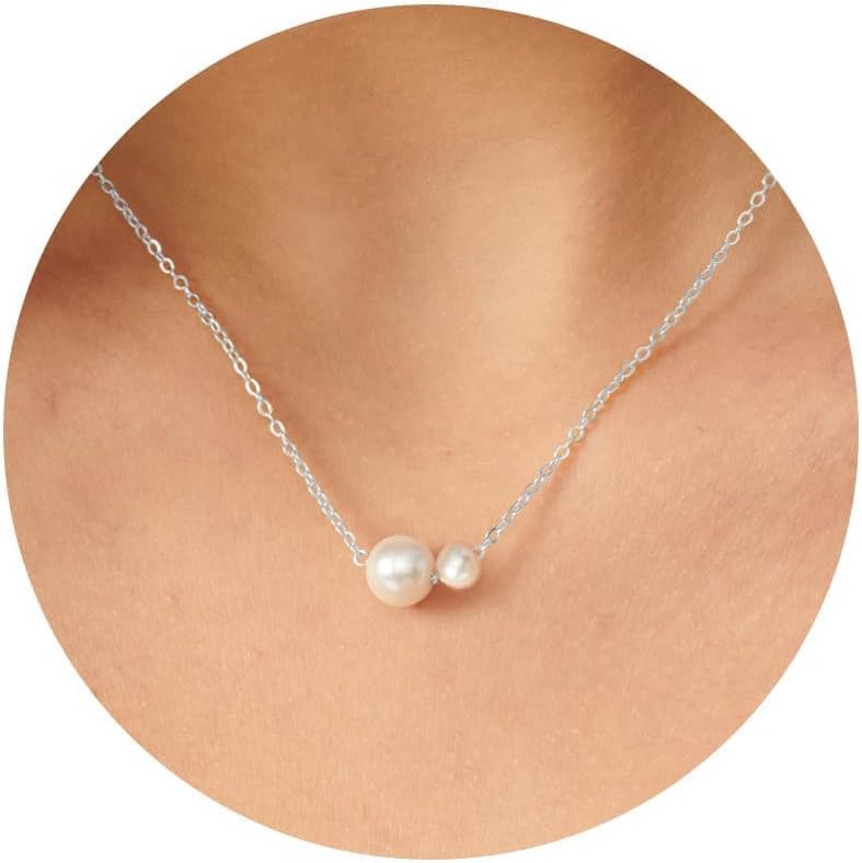 PRTGL Store Pearl Necklace: 14K Gold-Plated/White Gold-plated Pearl Necklace for Women 16.5” + 2” - Image 1